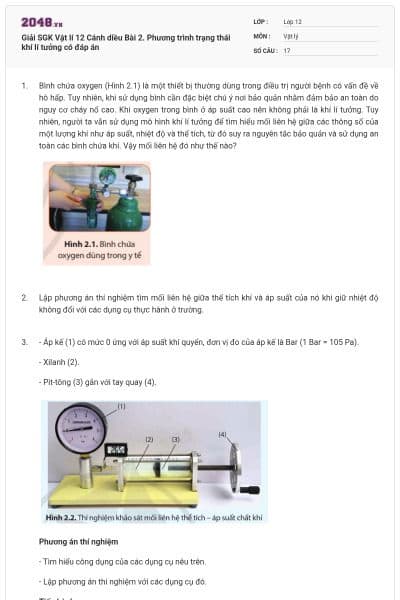 Giải SGK Vật lí 12 Cánh diều Bài 2. Phương trình trạng thái khí lí tưởng có đáp án