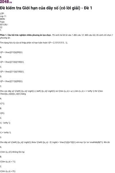 Đề kiểm tra Giới hạn của dãy số (có lời giải) - Đề 1