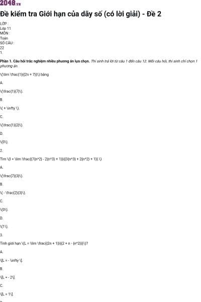 Đề kiểm tra Giới hạn của dãy số (có lời giải) - Đề 2