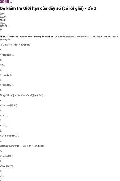 Đề kiểm tra Giới hạn của dãy số (có lời giải) - Đề 3