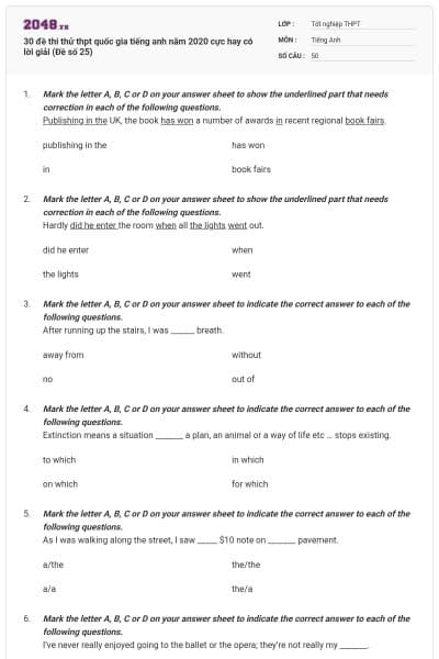 30 đề thi thử thpt quốc gia tiếng anh năm 2020 cực hay có lời giải (Đề số 25)