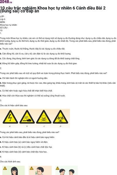 10 câu trắc nghiệm Khoa học tự nhiên 6 Cánh diều Bài 2 (Đúng sai) có đáp án