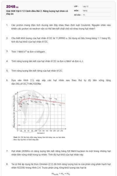 Giải SGK Vật lí 12 Cánh diều Bài 2. Năng lượng hạt nhân có đáp án