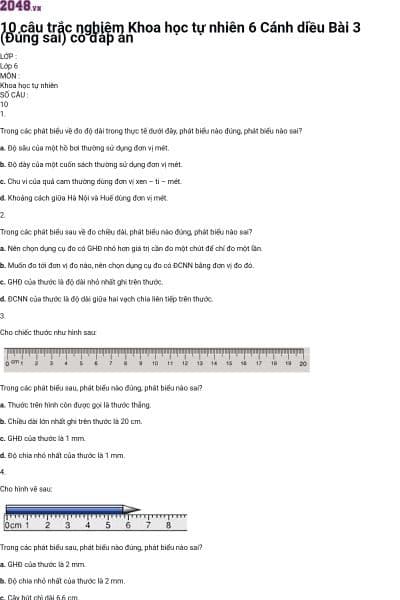 10 câu trắc nghiệm Khoa học tự nhiên 6 Cánh diều Bài 3 (Đúng sai) có đáp án