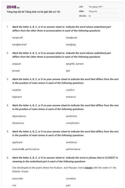Tổng hợp đề thi Tiếng Anh có lời giải (Đề số 19)