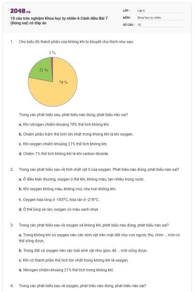 10 câu trắc nghiệm Khoa học tự nhiên 6 Cánh diều Bài 7 (Đúng sai) có đáp án