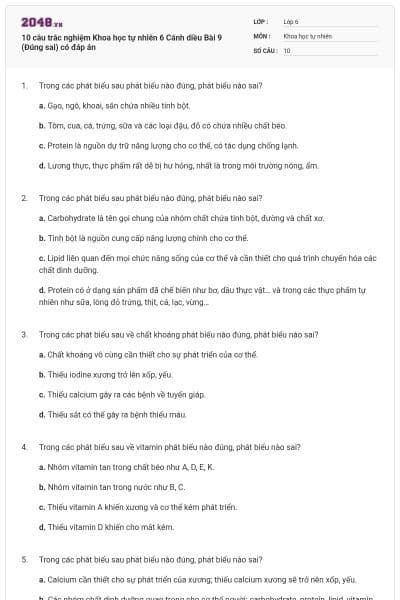 10 câu trắc nghiệm Khoa học tự nhiên 6 Cánh diều Bài 9 (Đúng sai) có đáp án