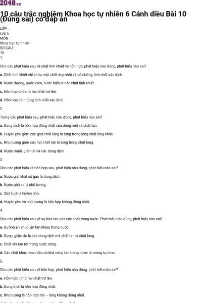 10 câu trắc nghiệm Khoa học tự nhiên 6 Cánh diều Bài 10 (Đúng sai) có đáp án
