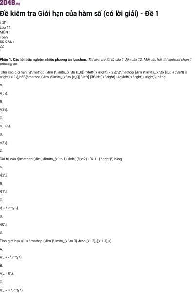 Đề kiểm tra Giới hạn của hàm số (có lời giải) - Đề 1