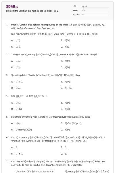 Đề kiểm tra Giới hạn của hàm số (có lời giải) - Đề 2