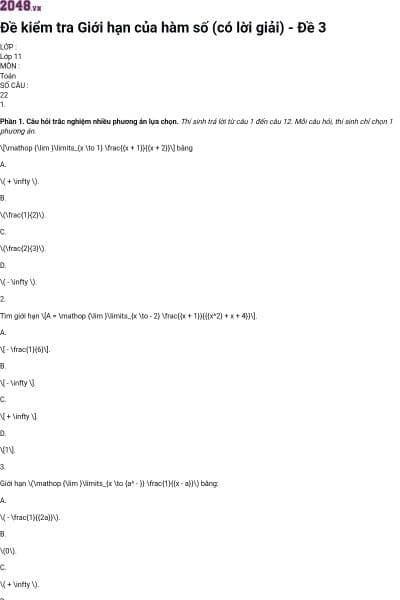 Đề kiểm tra Giới hạn của hàm số (có lời giải) - Đề 3