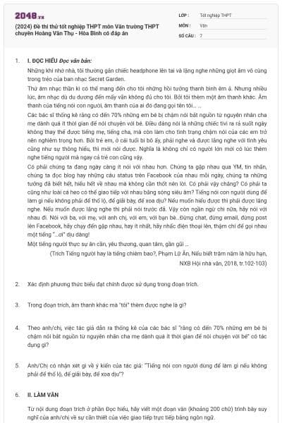 (2024) Đề thi thử tốt nghiệp THPT môn Văn trường THPT chuyên Hoàng Văn Thụ - Hòa Bình có đáp án