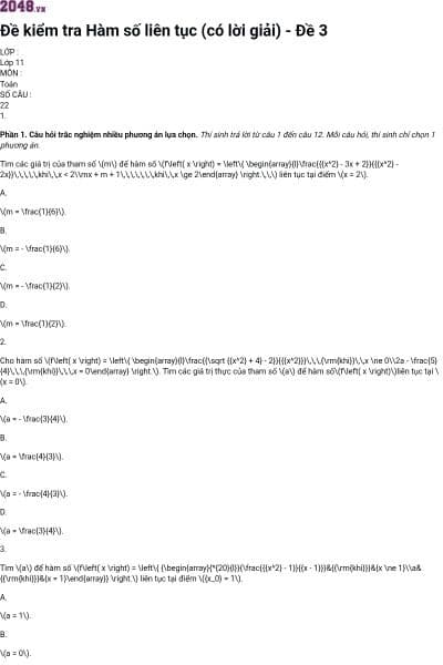 Đề kiểm tra Hàm số liên tục (có lời giải) - Đề 3