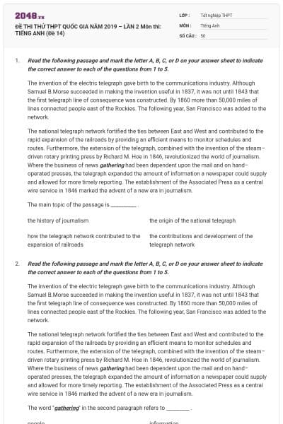 ĐỀ THI THỬ THPT QUỐC GIA NĂM 2019 – LẦN 2 Môn thi: TIẾNG ANH (Đề 14)