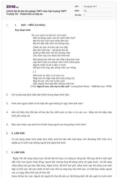 (2024) Đề thi thử tốt nghiệp THPT môn Văn trường THPT Trường Thi - Thanh Hóa có đáp án