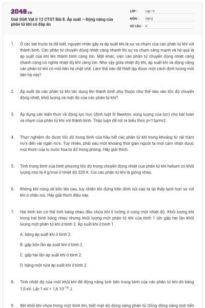 Giải SGK Vật lí 12 CTST Bài 8. Áp suất – Động năng của phân tử khí có đáp án