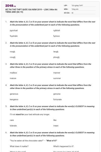 ĐỀ THI THỬ THPT QUỐC GIA NĂM 2019 – LẦN 2 Môn thi: TIẾNG ANH (Đề 15)