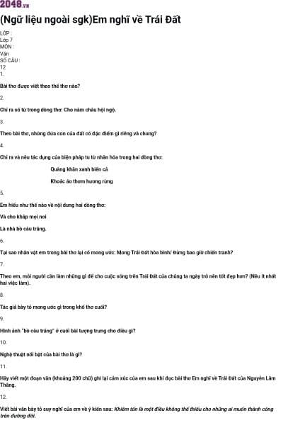 (Ngữ liệu ngoài sgk)Em nghĩ về Trái Đất