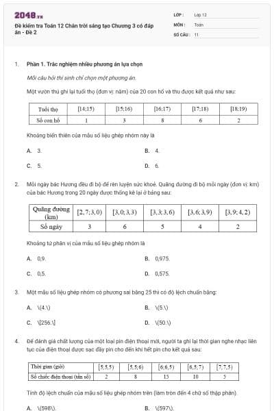Đề kiểm tra Toán 12 Chân trời sáng tạo Chương 3 có đáp án - Đề 2