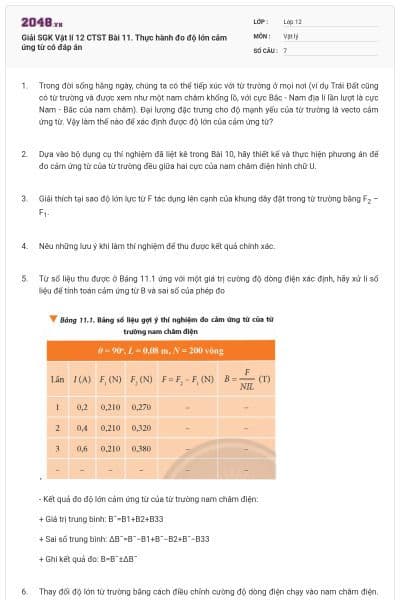 Giải SGK Vật lí 12 CTST Bài 11. Thực hành đo độ lớn cảm ứng từ có đáp án