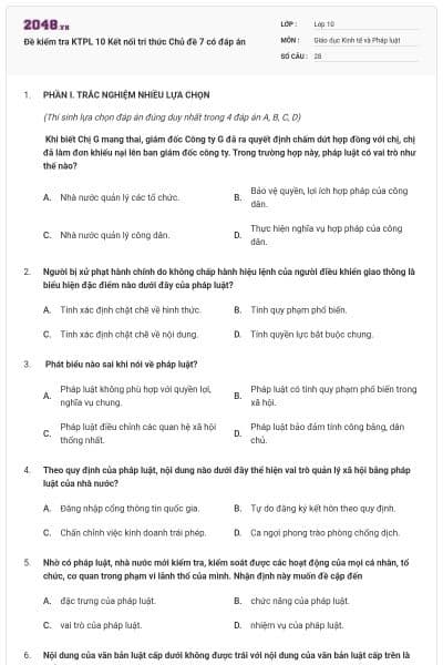 Đề kiểm tra KTPL 10 Kết nối tri thức Chủ đề 7 có đáp án