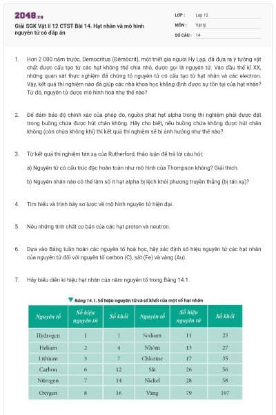 Giải SGK Vật lí 12 CTST Bài 14. Hạt nhân và mô hình nguyên tử có đáp án