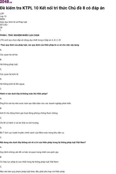 Đề kiểm tra KTPL 10 Kết nối tri thức Chủ đề 8 có đáp án