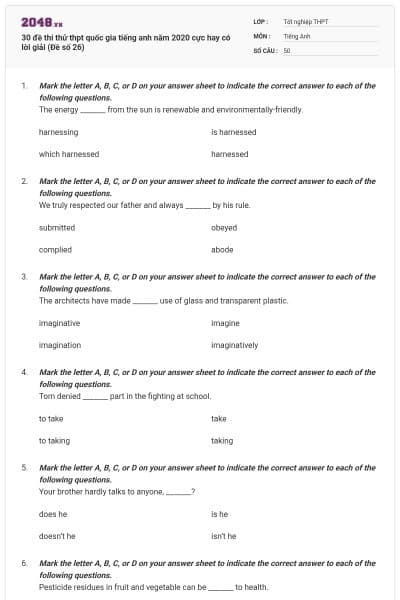 30 đề thi thử thpt quốc gia tiếng anh năm 2020 cực hay có lời giải (Đề số 26)