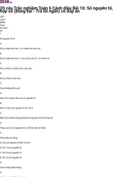 20 câu Trắc nghiệm Toán 6 Cánh diều Bài 10: Số nguyên tố, hợp số (Đúng sai - Trả lời ngắn) có đáp án