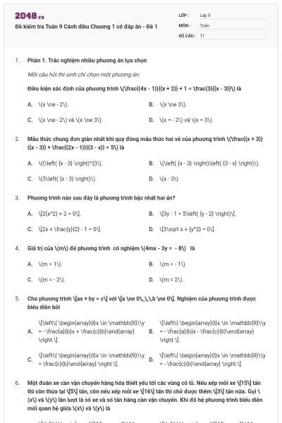 Đề kiểm tra Toán 9 Cánh diều Chương 1 có đáp án - Đề 1