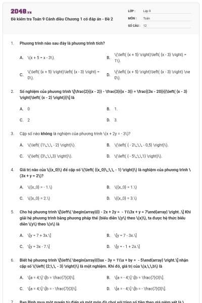 Đề kiểm tra Toán 9 Cánh diều Chương 1 có đáp án - Đề 2