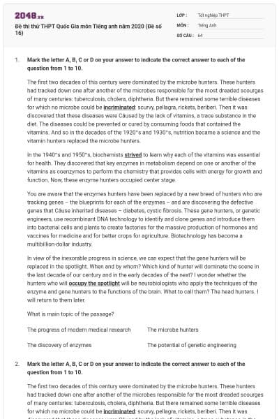 Đề thi thử THPT Quốc Gia môn Tiếng anh năm 2020 (Đề số 16)