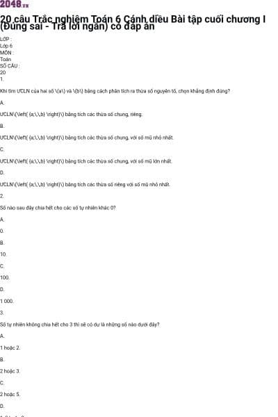 20 câu Trắc nghiệm Toán 6 Cánh diều Bài tập cuối chương I (Đúng sai - Trả lời ngắn) có đáp án