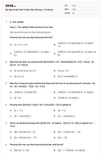 Bài tập ôn tập Toán 9 Cánh diều Chương 1 có đáp án