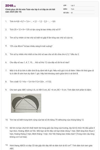Chinh phục đề thi môn Toán vào lớp 6 có đáp án chi tiết năm 2024 (Đề 19)