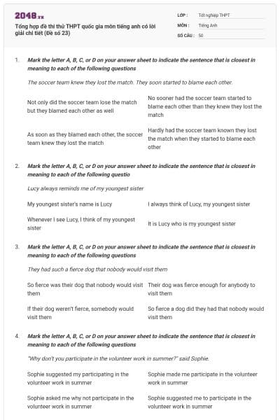 Tổng hợp đề thi thử THPT quốc gia môn tiếng anh có lời giải chi tiết (Đề số 23)