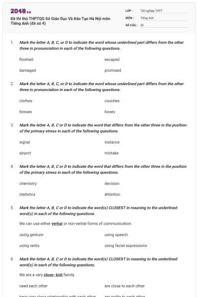 Đề thi thử THPTQG Sở Giáo Dục Và Đào Tạo Hà Nội môn Tiếng Anh (đề số 4)