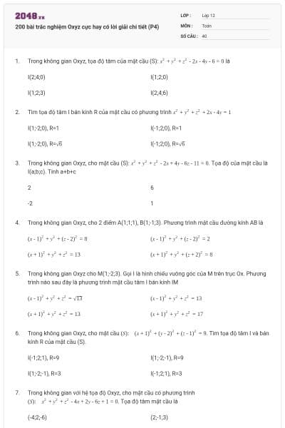 200 bài trắc nghiệm Oxyz cực hay có lời giải chi tiết (P4)