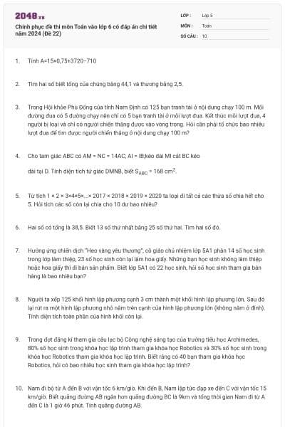 Chinh phục đề thi môn Toán vào lớp 6 có đáp án chi tiết năm 2024 (Đề 22)