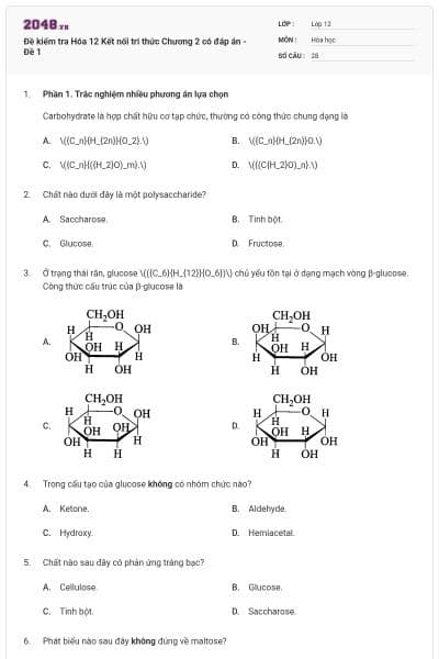 Đề kiểm tra Hóa 12 Kết nối tri thức Chương 2 có đáp án - Đề 1