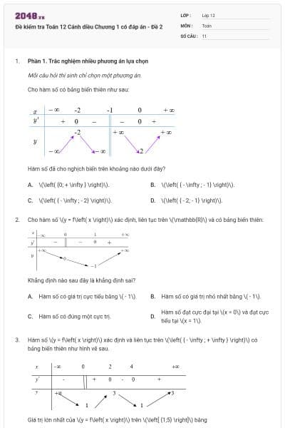 Đề kiểm tra Toán 12 Cánh diều Chương 1 có đáp án - Đề 2
