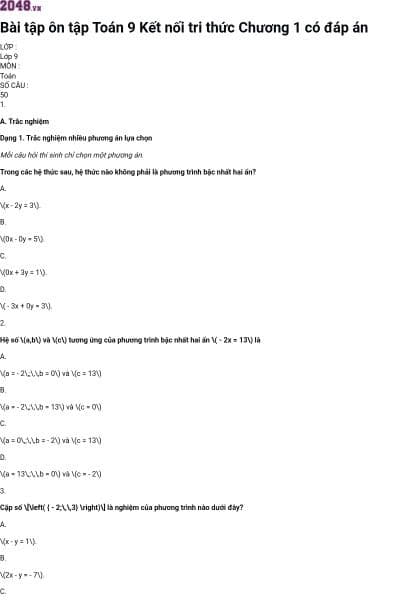 Bài tập ôn tập Toán 9 Kết nối tri thức Chương 1 có đáp án