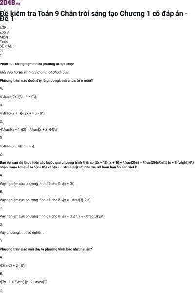 Đề kiểm tra Toán 9 Chân trời sáng tạo Chương 1 có đáp án - Đề 1