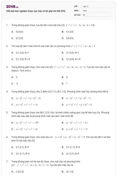 200 bài trắc nghiệm Oxyz cực hay có lời giải chi tiết (P4)