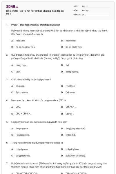 Đề kiểm tra Hóa 12 Kết nối tri thức Chương 4 có đáp án - Đề 1
