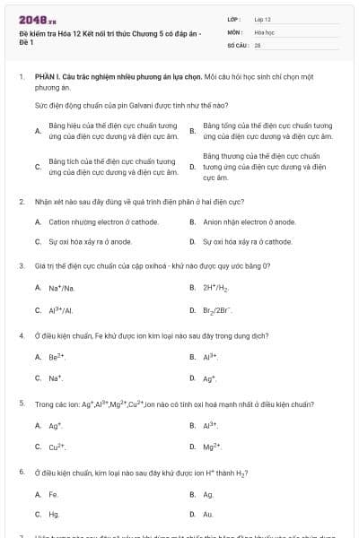 Đề kiểm tra Hóa 12 Kết nối tri thức Chương 5 có đáp án - Đề 1
