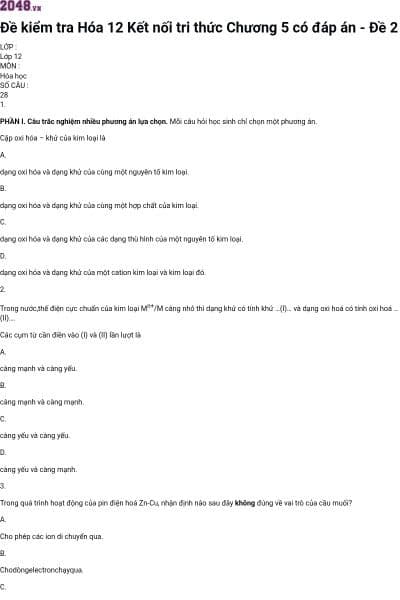 Đề kiểm tra Hóa 12 Kết nối tri thức Chương 5 có đáp án - Đề 2