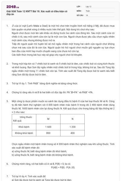 Giải SGK Toán 12 KNTT Bài 18. Xác suất có điều kiện có đáp án