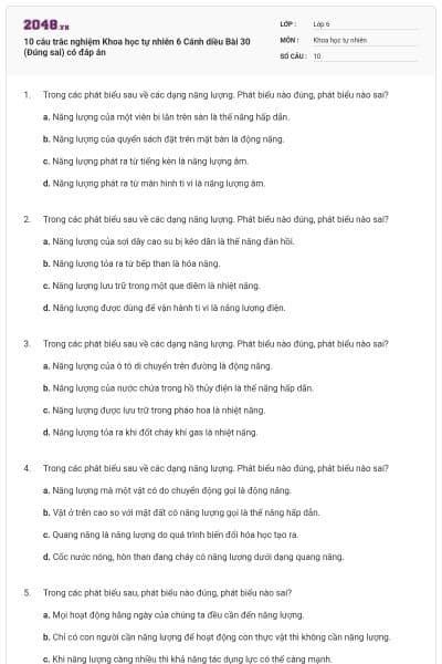 10 câu trắc nghiệm Khoa học tự nhiên 6 Cánh diều Bài 30 (Đúng sai) có đáp án