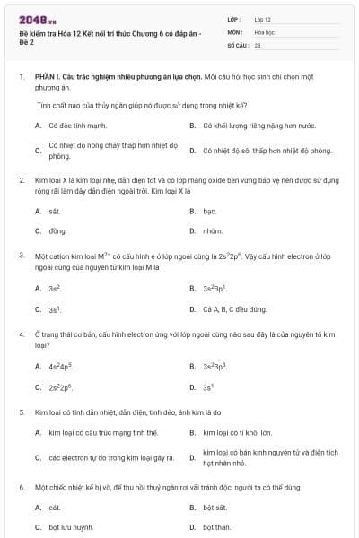 Đề kiểm tra Hóa 12 Kết nối tri thức Chương 6 có đáp án - Đề 2